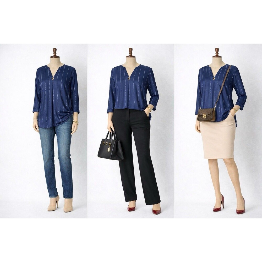 Valolia Women XL Navy Blue Striped Tunic Blouse Stretch V Neck 3/4 Sleeve Casual